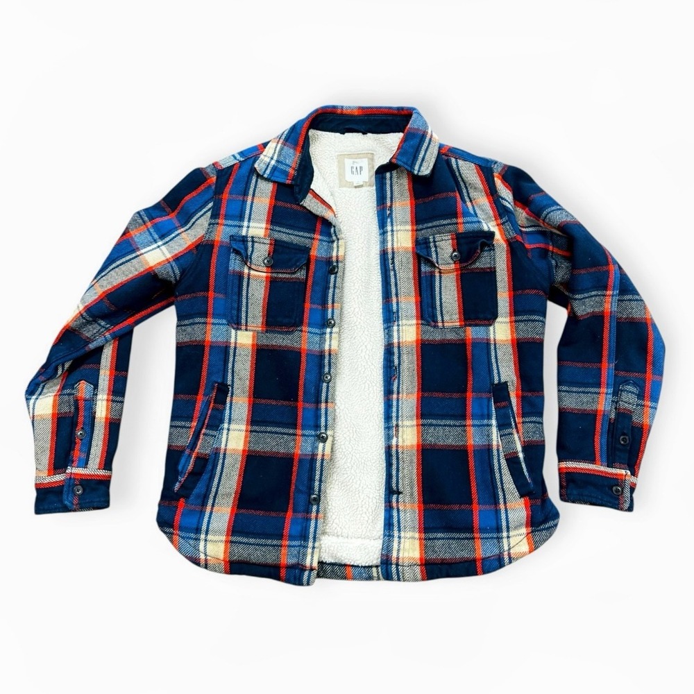 GAP Sherpa Lined Plaid Flannel Shirt Jacket Shacket Blue Red Mens M Cozy Warm‎